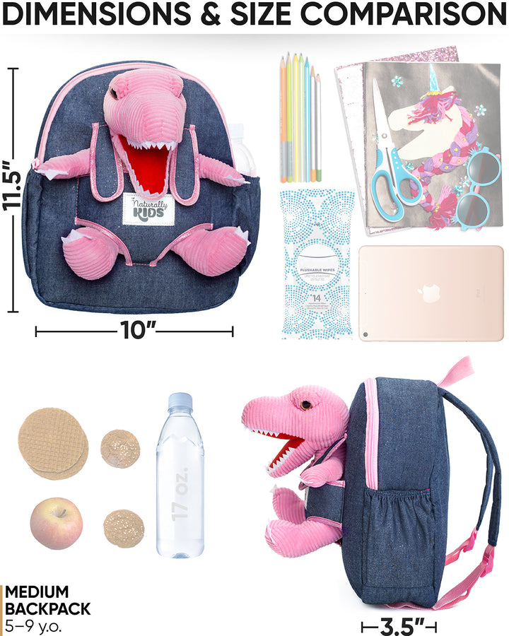 Medium dinosaur backpack size: 11.5 × 10 × 3.5 inches, fits a notebook, pencils, scissors, snacks and a water bottle