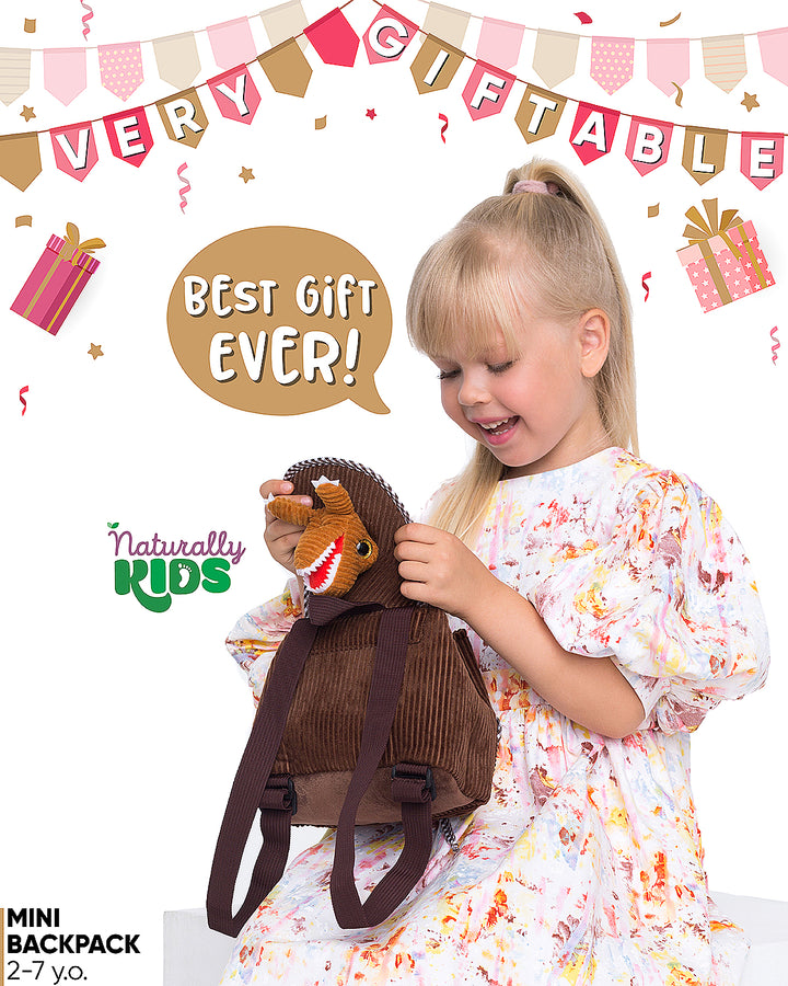 🦖 Little Toddler Corduroy Backpack with Brown T-Rex Stuffed Toy — MINI Preschool