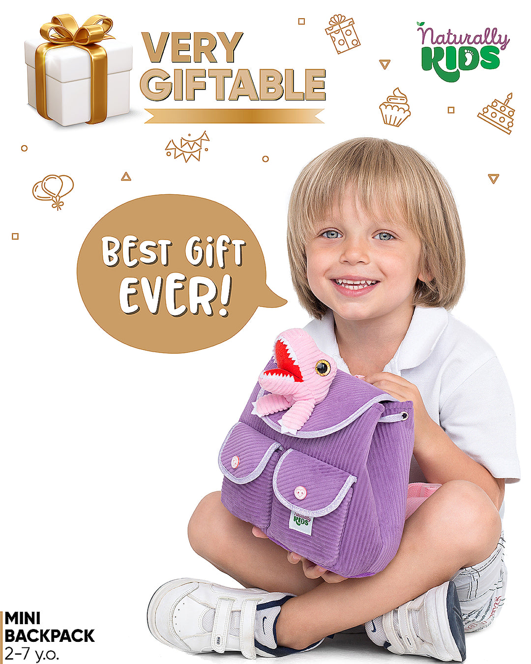 🦖 Little Toddler Corduroy Backpack with Purple T-Rex Stuffed Toy — MINI Preschool