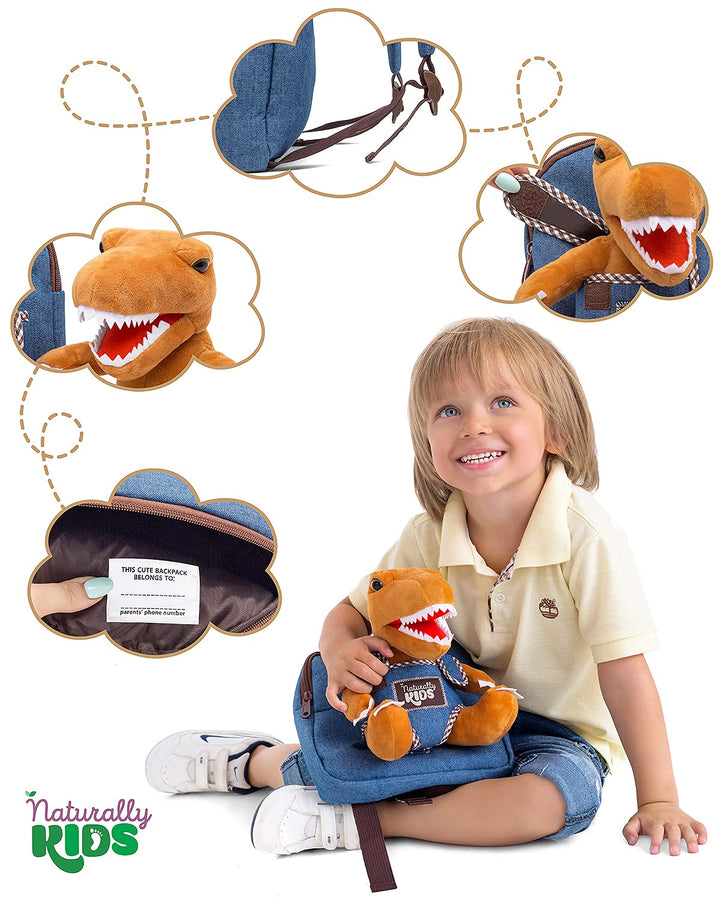 🦖 Tiny Toddler Backpack with Plush Brown T-Rex Toy — Preschool &amp; Daycare