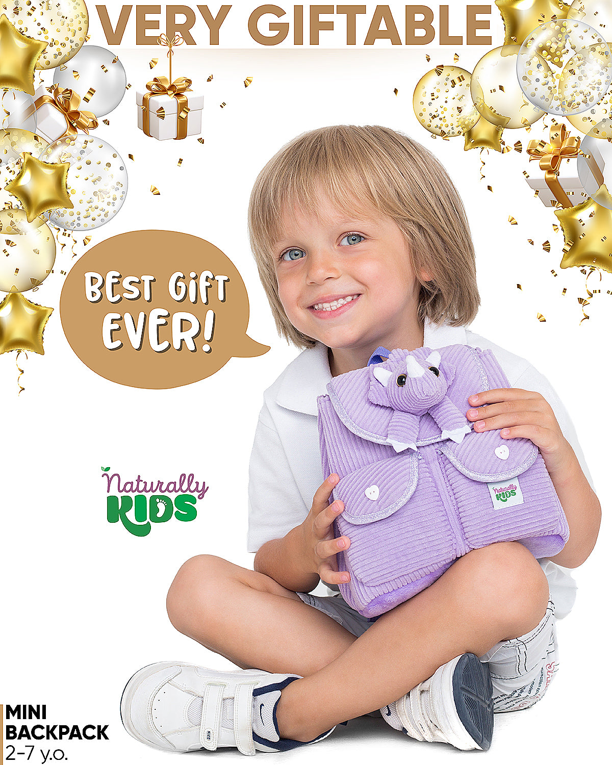 Little Toddler Corduroy Backpack with Purple Triceratops Toy — MINI