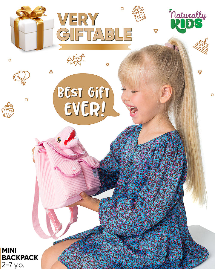 🦖 Little Toddler Corduroy Backpack with Pink T-Rex Stuffed Toy — MINI Preschool