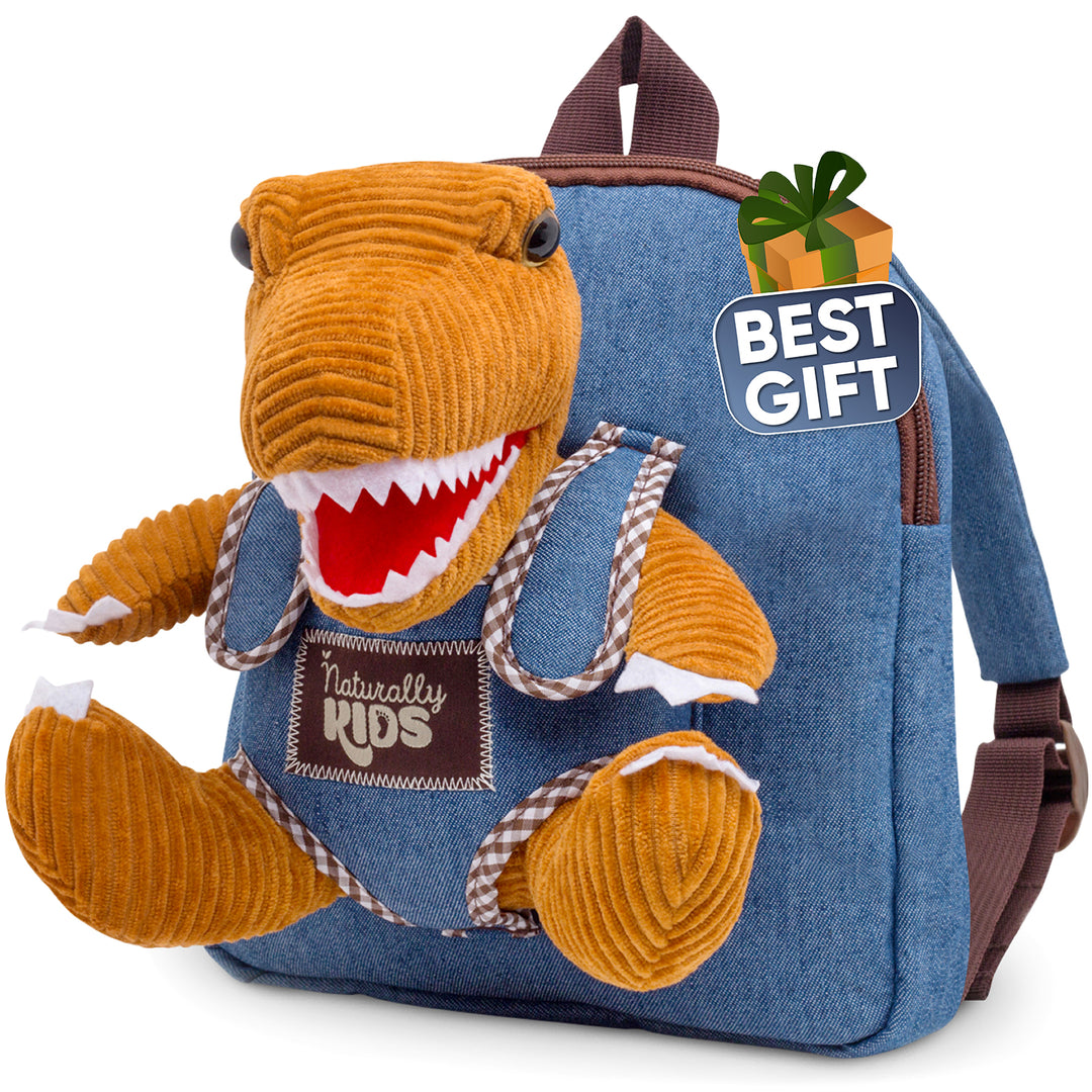 🦖 Tiny Toddler Backpack with Corduroy Brown T-Rex Toy — Preschool &amp; Daycare