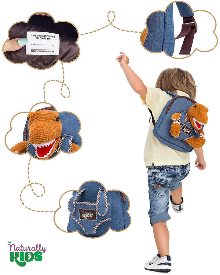 🦖 Tiny Toddler Backpack with Corduroy Brown T-Rex Toy — Preschool &amp; Daycare