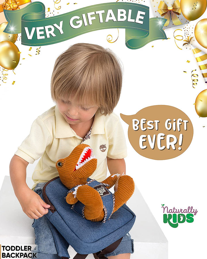 🦖 Tiny Toddler Backpack with Corduroy Brown T-Rex Toy — Preschool &amp; Daycare