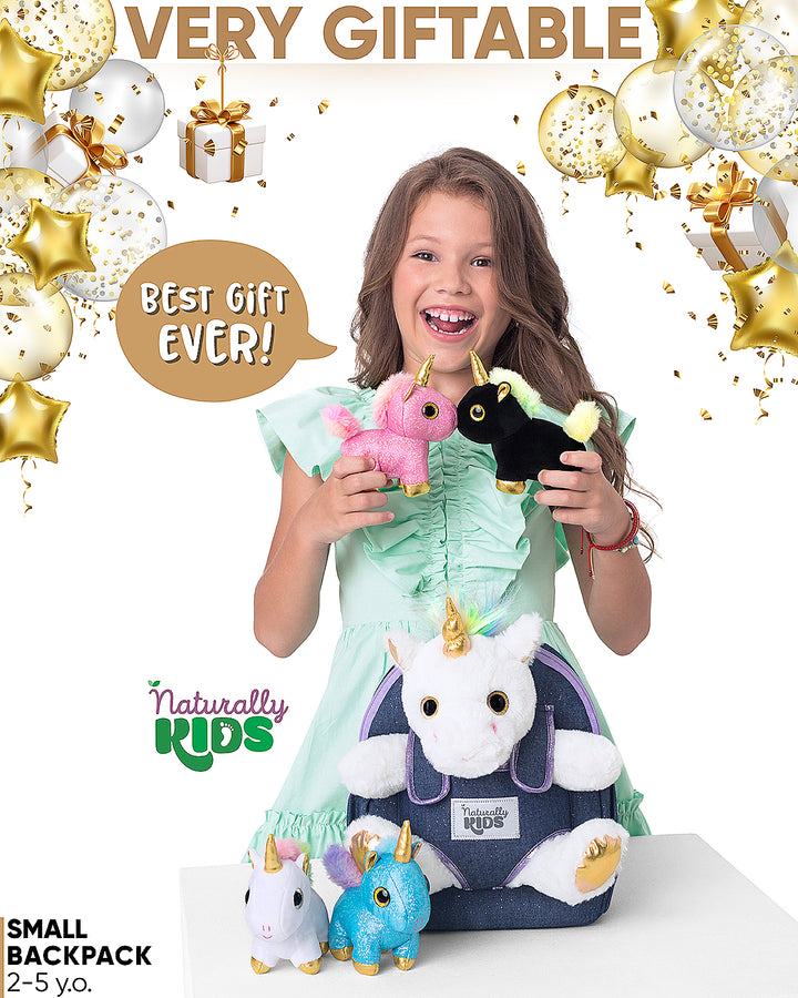 🦄 4 Plush Unicorn Toys: Pink, White, Blue and Black in a Unicorn Backpack — Unicorn Gifts for Girls &amp; Boys