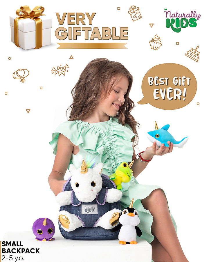🦄 4 Plush Unicorn Toys: Frog, Octopus, Dolphin, Penguin in a Unicorn Backpack — Unicorn Gifts for Girls &amp; Boys