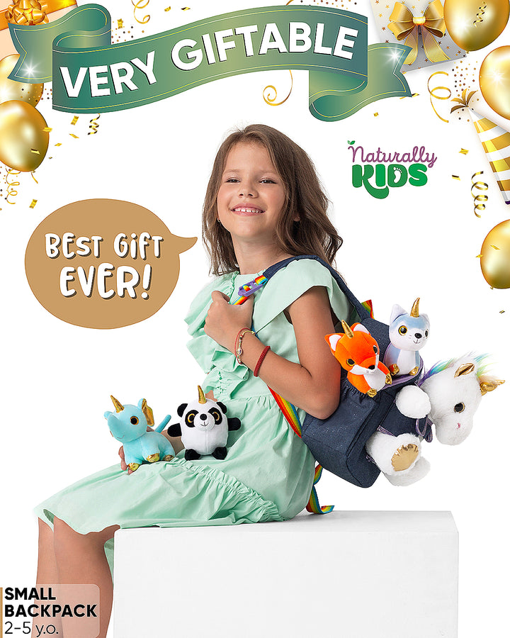 🦄 4 Plush Unicorn Toys: Cat, Fox, Elephant, Panda in a Unicorn Backpack — Unicorn Gifts for Girls &amp; Boys