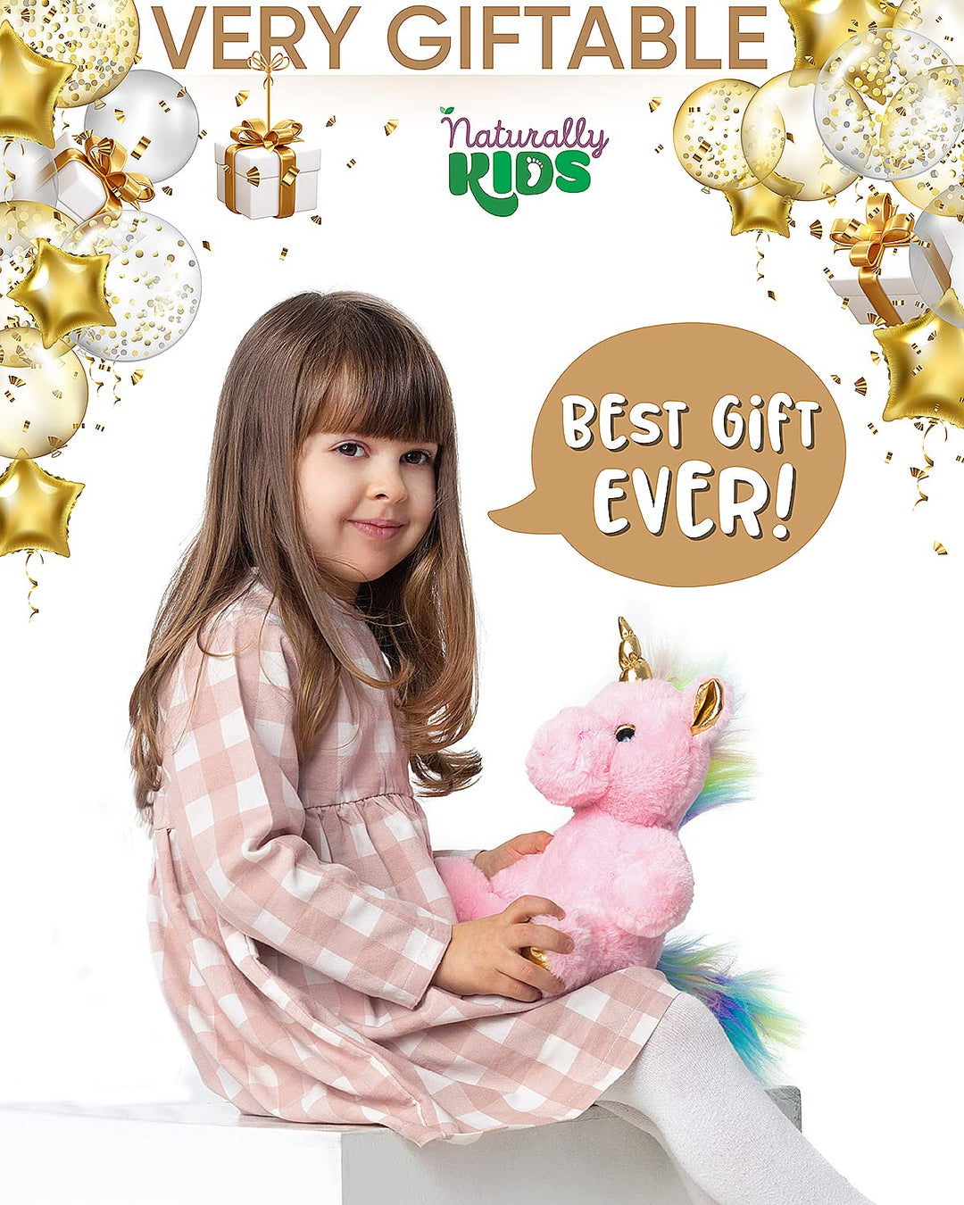 Naturally KIDS Stuffed Animal, Toddler Gifts for Boys, Girls, Plush Unicorn Toy Pink