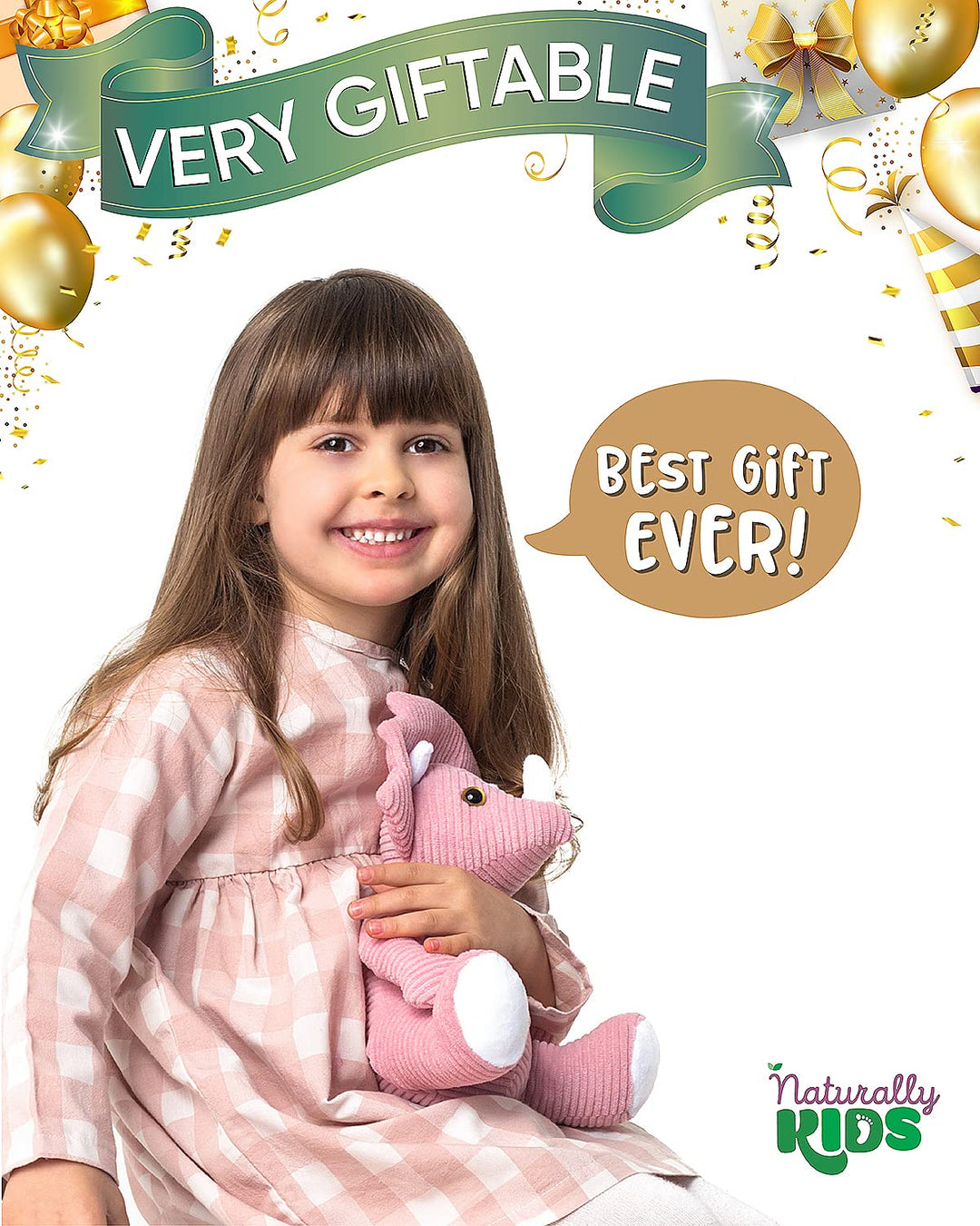 Naturally KIDS Stuffed Animal, Toddler Gifts for Boys, Girls, Plush Dinosaur Toy Pink Triceratop