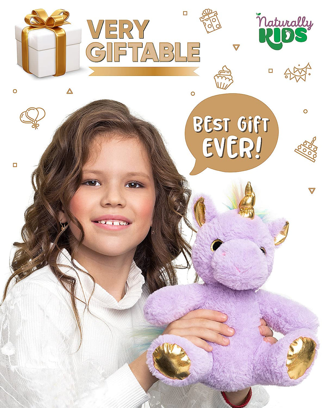 Naturally KIDS Stuffed Animal, Toddler Gifts for Boys, Girls, Plush Unicorn Toy Purple
