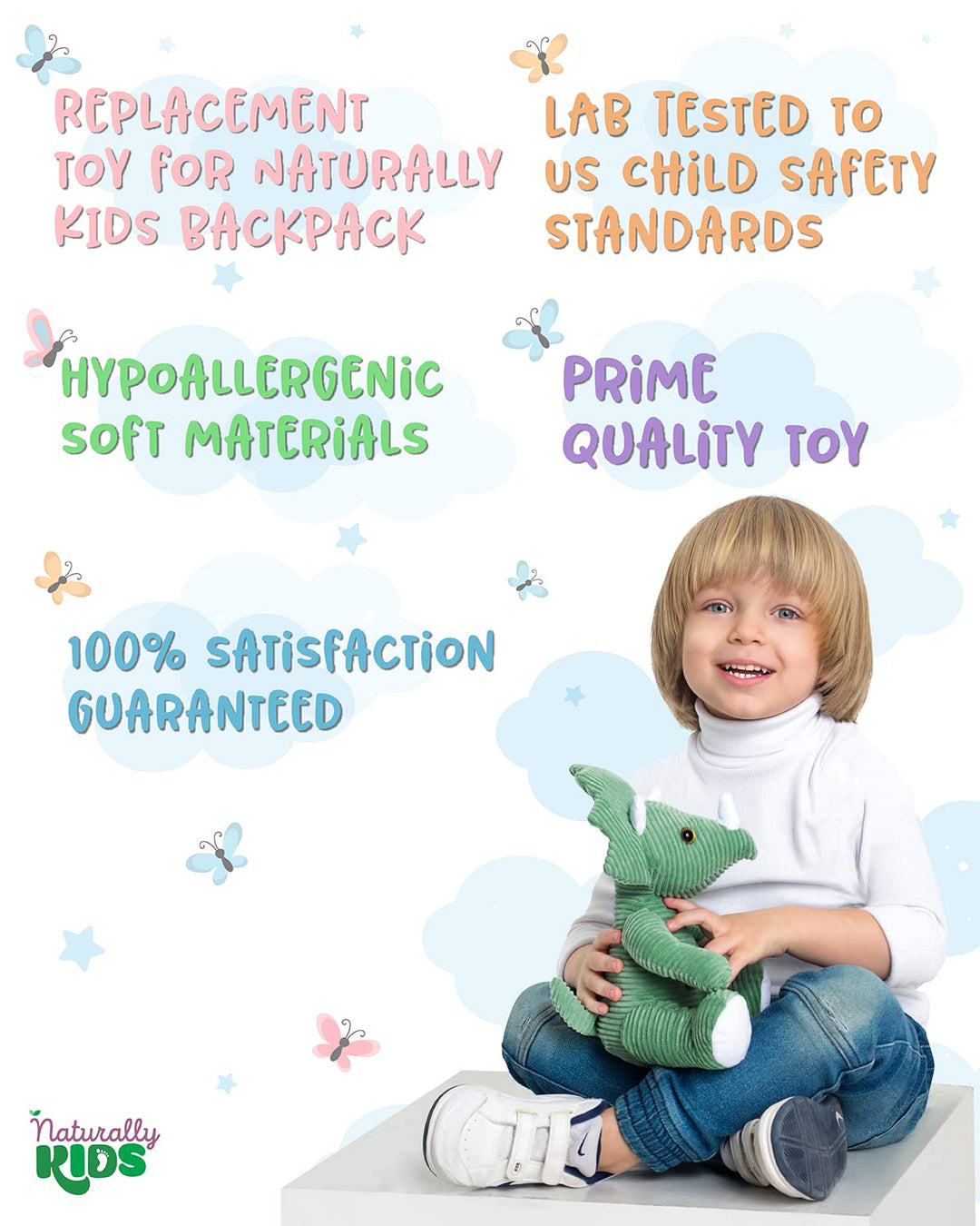 Naturally KIDS Stuffed Animal, Toddler Gifts for Boys, Girls, Plush Dinosaur Toy Green Triceratops