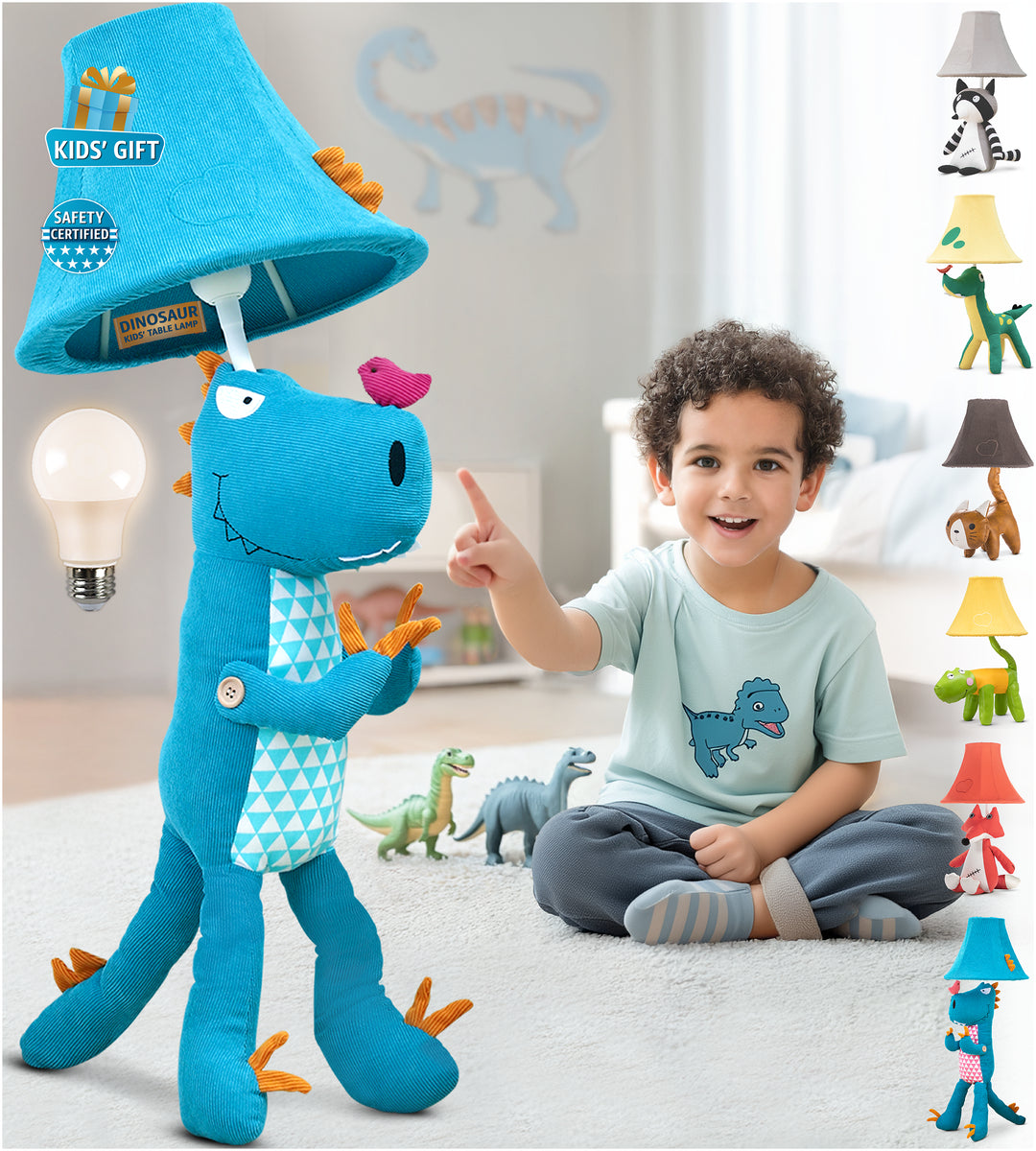 Naturally KIDS blue dinosaur kids lamp for boys bedroom, perfect gift idea for toddlers