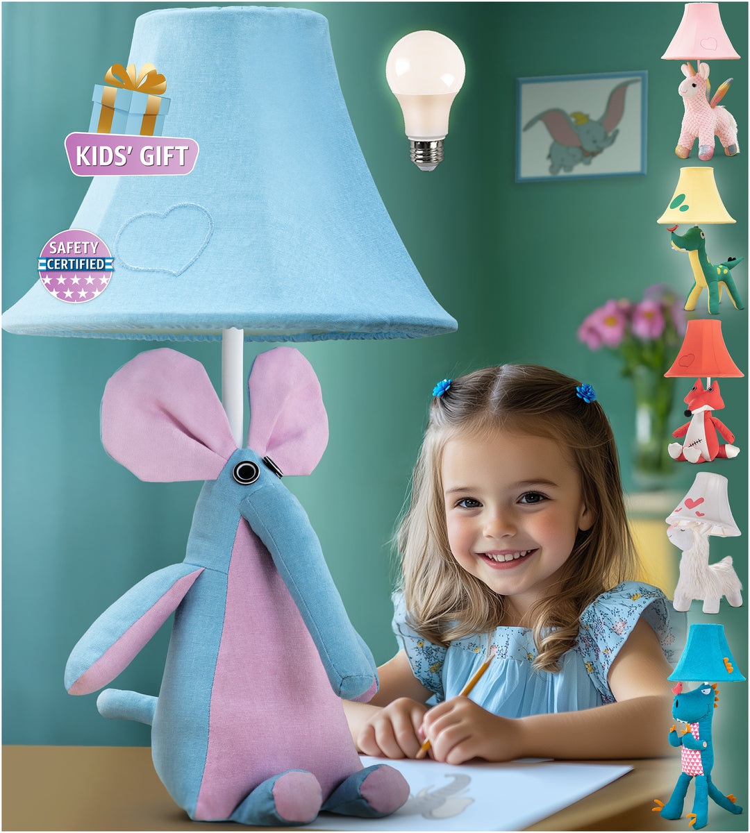 Naturally KIDS elephant kids lamp for girls and boys bedroom, sweet gift idea for toddlers