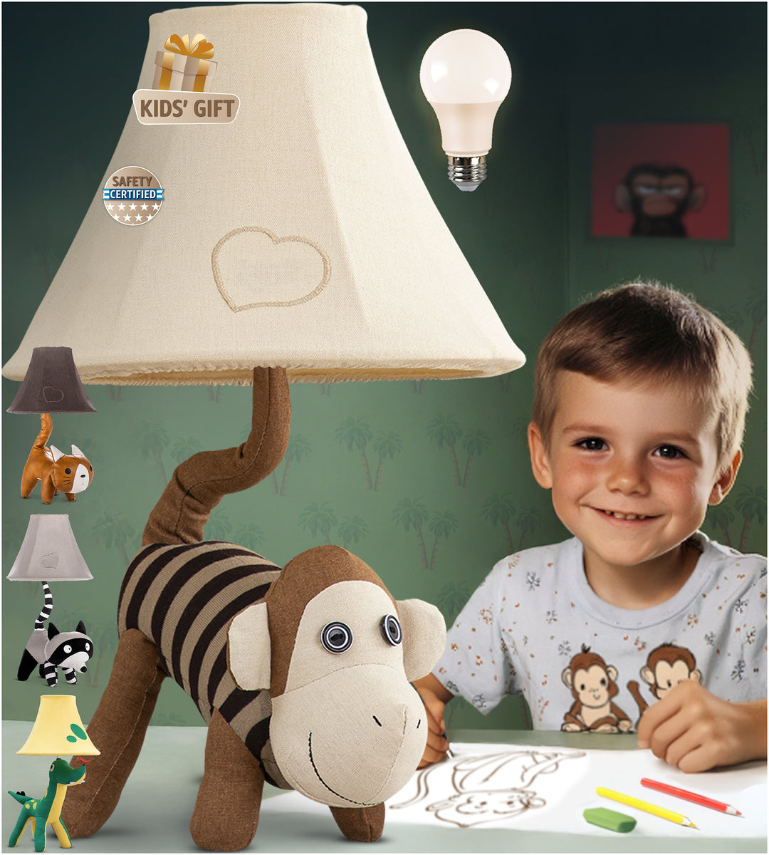 Naturally KIDS monkey kids lamp for boys bedroom, fun gift idea for toddlers
