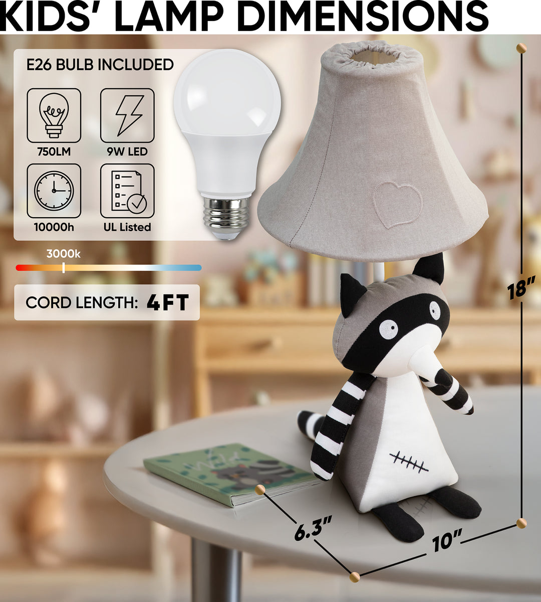 🦝 Raccoon Lamp for Kids’ Room, Sitting Raccoon Kids Lamp for Boys Bedroom — Birthday Gift