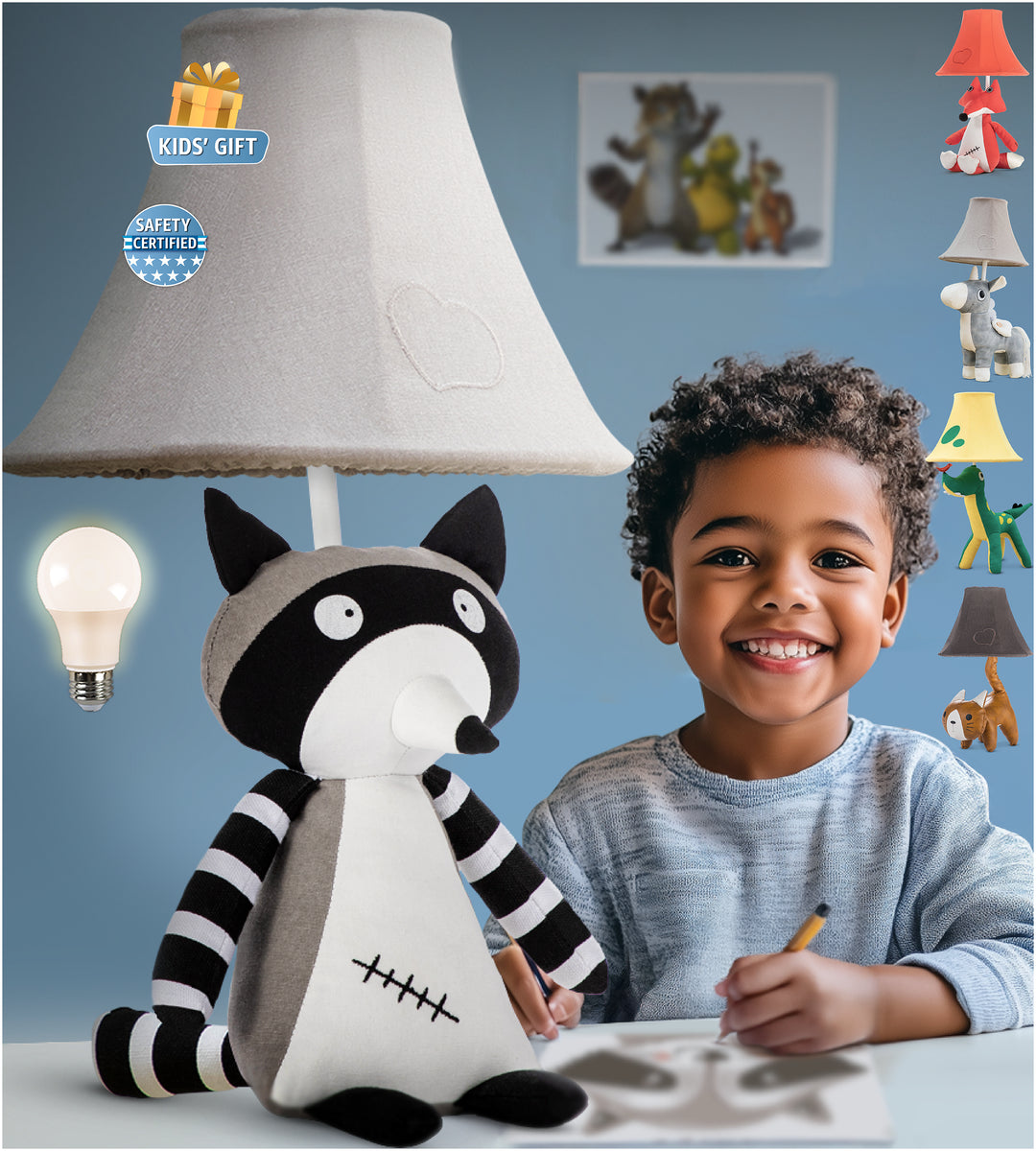 Naturally KIDS sitting raccoon kids lamp for boys and girls bedroom, cute sitting raccoon design gift idea for kids