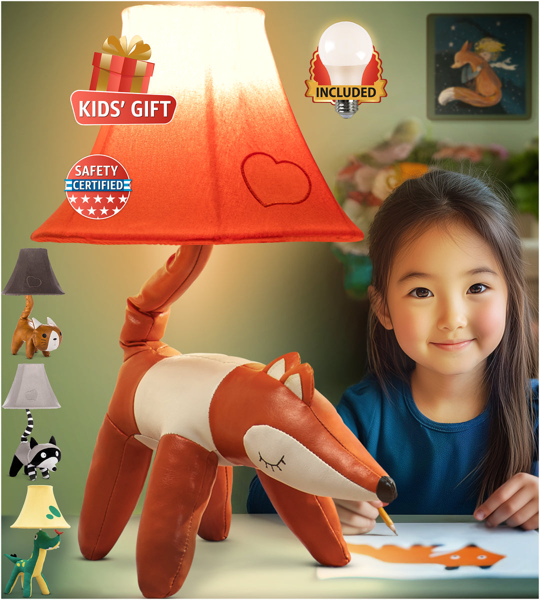 Naturally KIDS standing fox kids lamp for girls and boys bedroom, cute fox design, best gift
