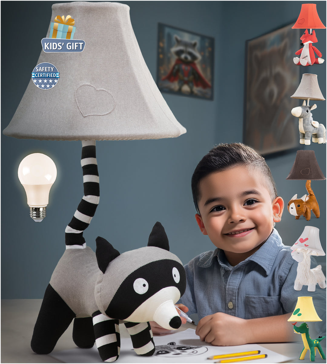 Naturally KIDS standing raccoon kids lamp for boys and girls bedroom, cute standing raccoon design gift idea for kids