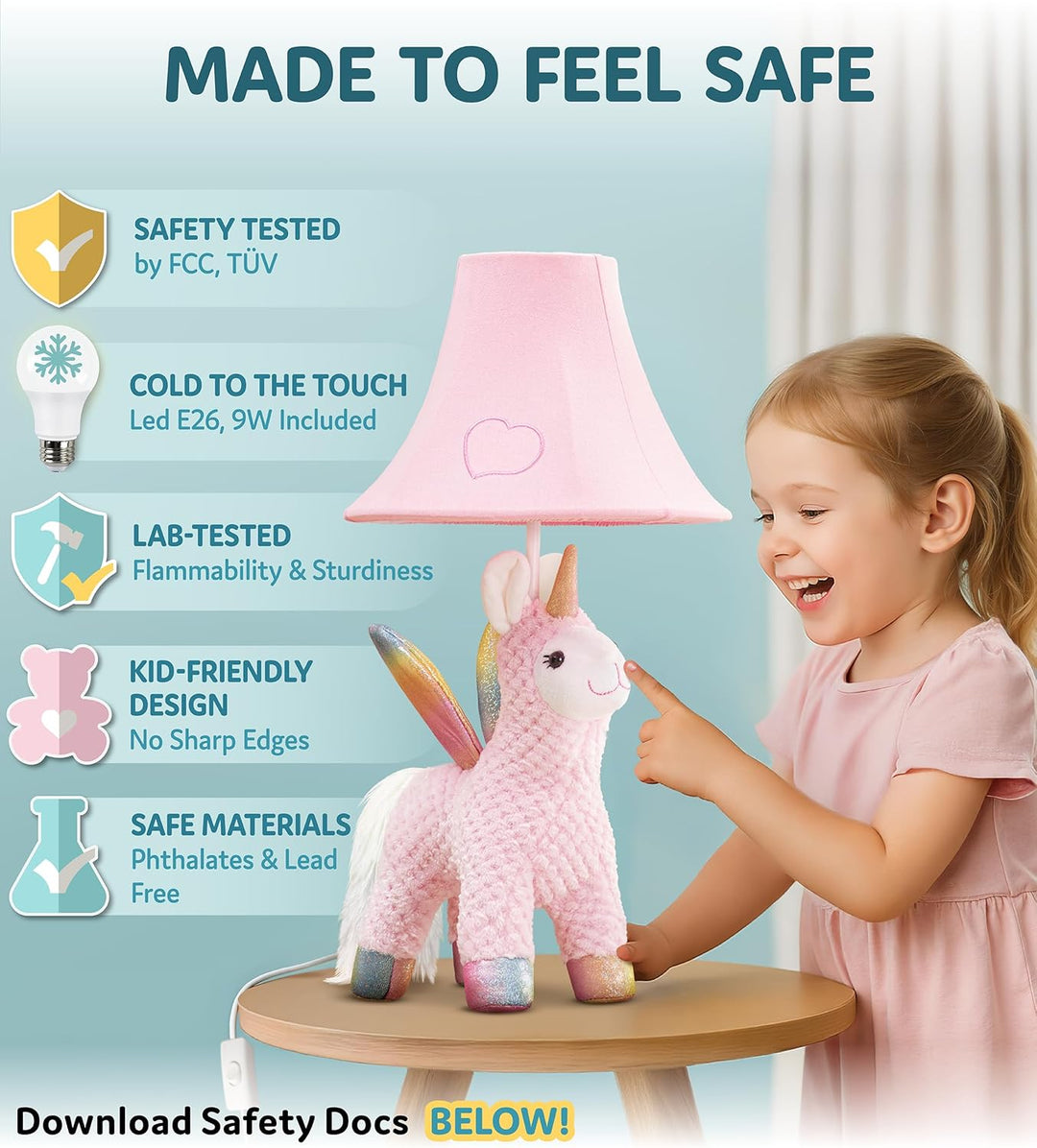 🦄 Pink Unicorn Lamp for Kids’ Room, Kids Lamp for Girls Bedroom — Cute Birthday Gift