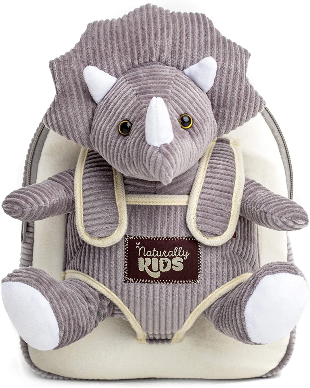 Toddler Dinosaur Backpack & Grey Triceratops Stuffed Plush Toy — Classic SMALL with pockets & reflective safety patch by Naturally KIDS®