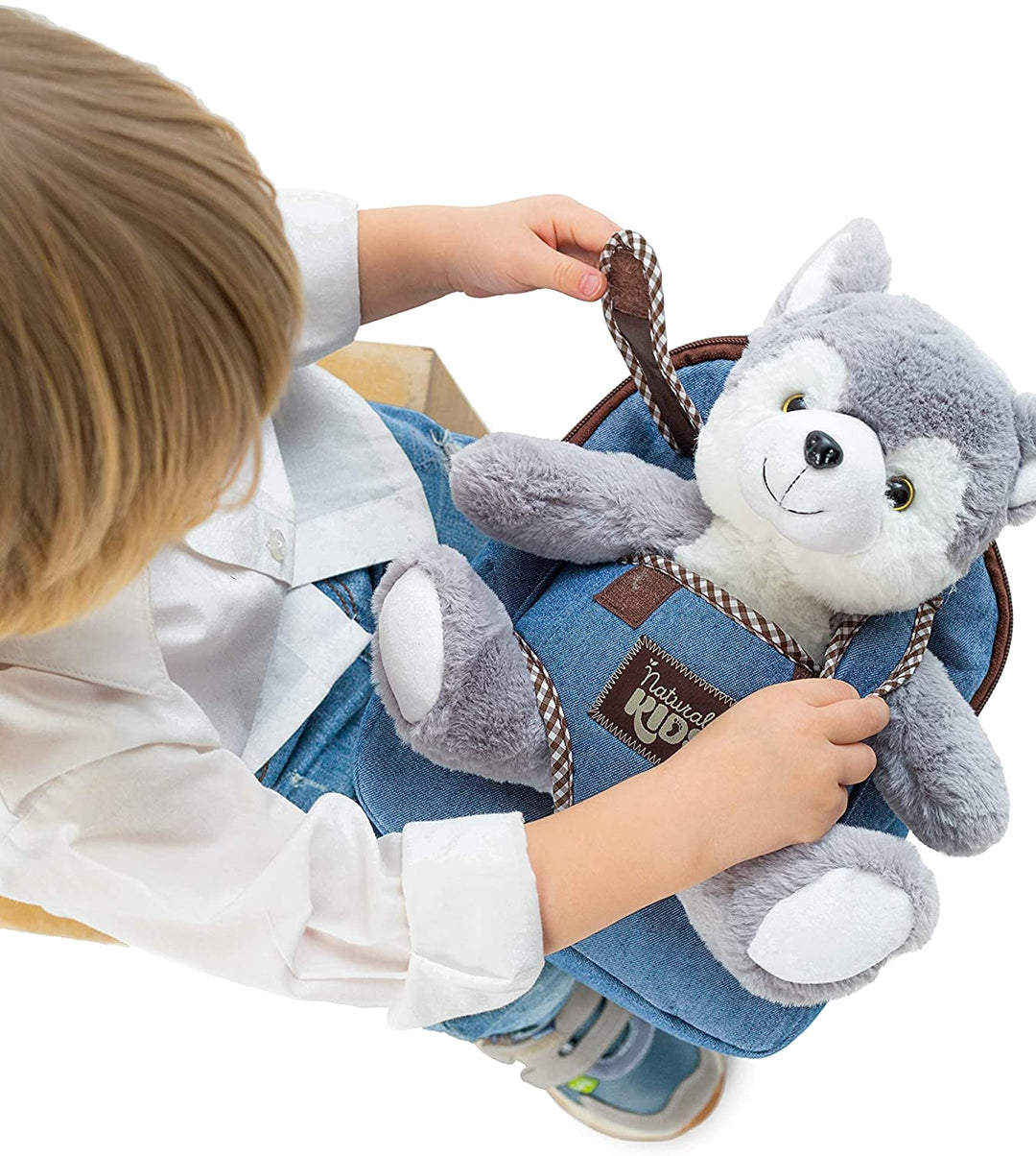 🐺 Toddler Backpack with Plush Husky / Wolf Stuffed Toy — SMALL Preschool