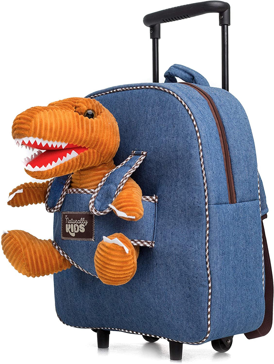 Kids' Dinosaur Backpack & Brown T-Rex Stuffed Plush Toy — Classic Rolling Trolley Bag with pockets & reflective safety patch  by Naturally KIDS®