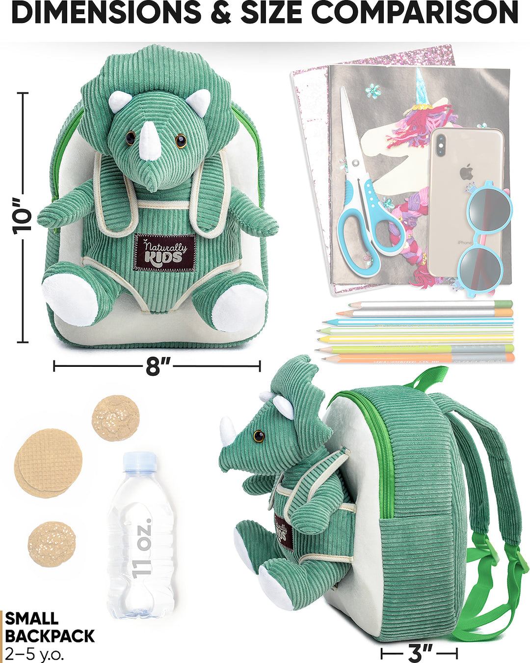Green Triceratops Plush Stuffed Animal, Dinosaur Gifts for Kids 3-5, Dinosaur Backpack, Toddler Backpack for Boys, Girl