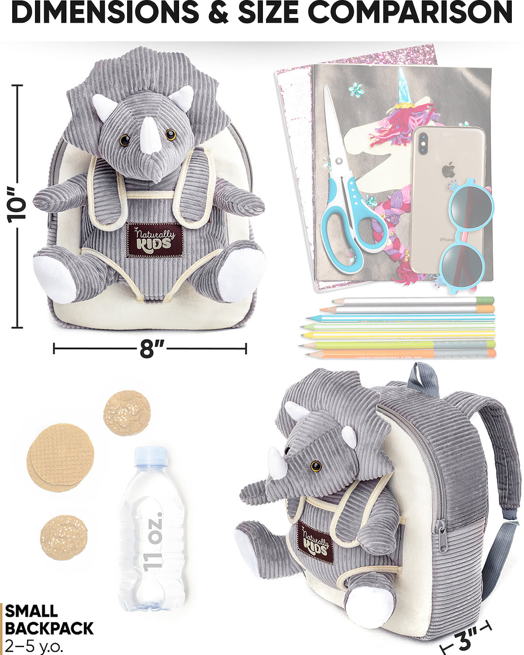 Toddler Dinosaur Backpack &amp; Gray Triceratops Stuffed Plush Toy — Classic SMALL
