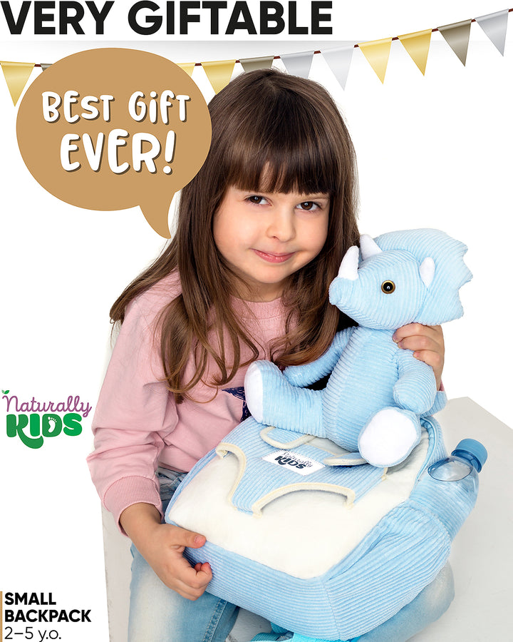 Toddler Dinosaur Backpack &amp; Blue Triceratops Stuffed Plush Toy — SMALL with pockets &amp; reflective safety patch