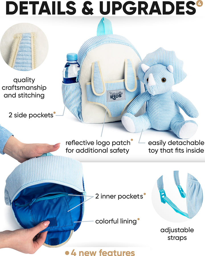 Toddler Dinosaur Backpack &amp; Blue Triceratops Stuffed Plush Toy — SMALL with pockets &amp; reflective safety patch