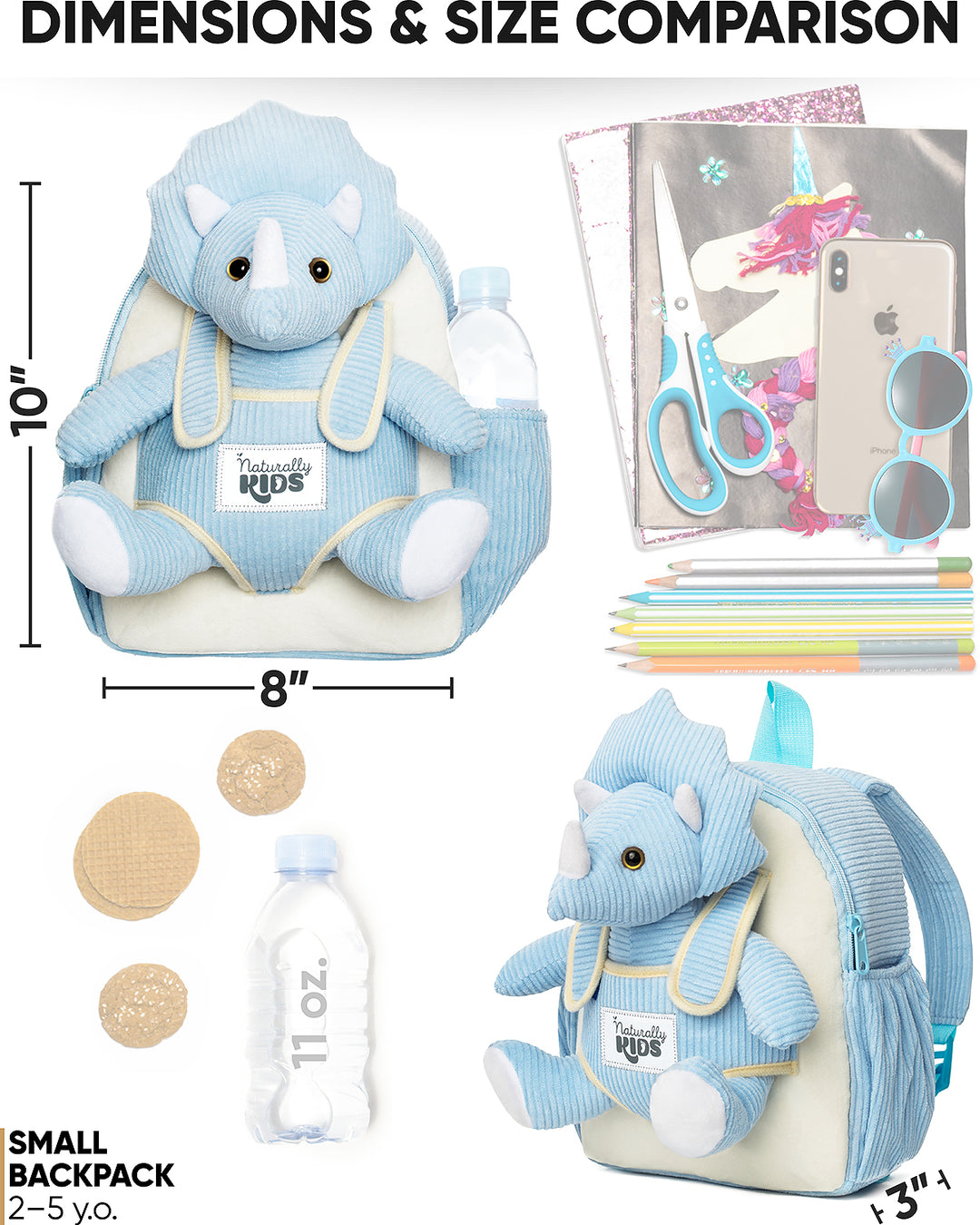 Toddler Dinosaur Backpack &amp; Blue Triceratops Stuffed Plush Toy — SMALL with pockets &amp; reflective safety patch