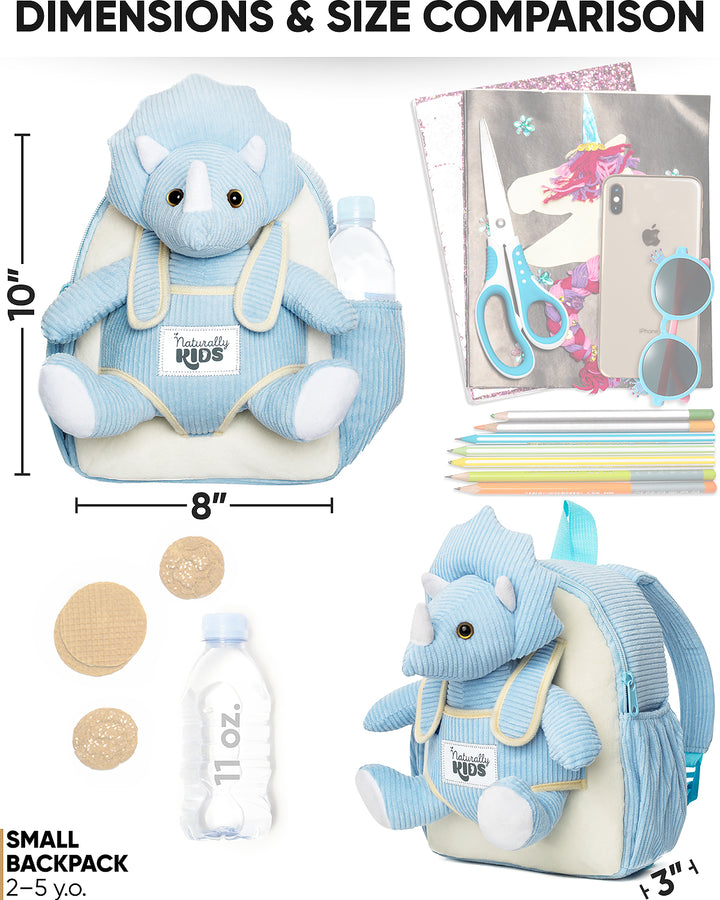 Toddler Dinosaur Backpack &amp; Blue Triceratops Stuffed Plush Toy — SMALL with pockets &amp; reflective safety patch