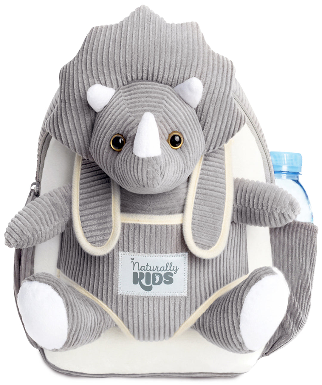 Toddler Dinosaur Backpack & Grey Triceratops Stuffed Plush Toy — SMALL with pockets & reflective safety patch by Naturally KIDS®