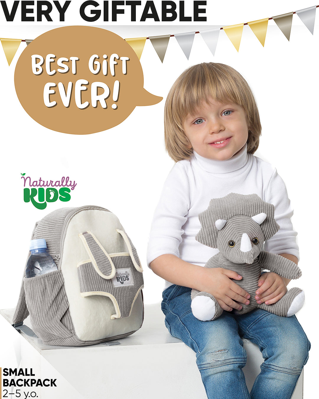 Toddler Dinosaur Backpack &amp; Grey Triceratops Stuffed Plush Toy — SMALL with pockets &amp; reflective safety patch