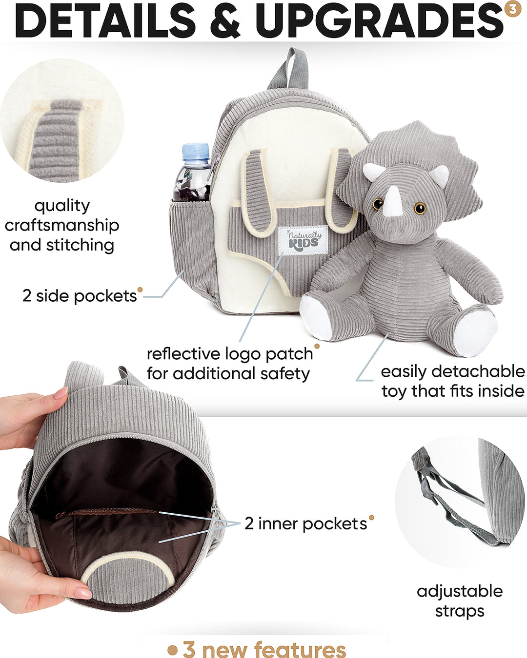 Toddler Dinosaur Backpack &amp; Grey Triceratops Stuffed Plush Toy — SMALL with pockets &amp; reflective safety patch