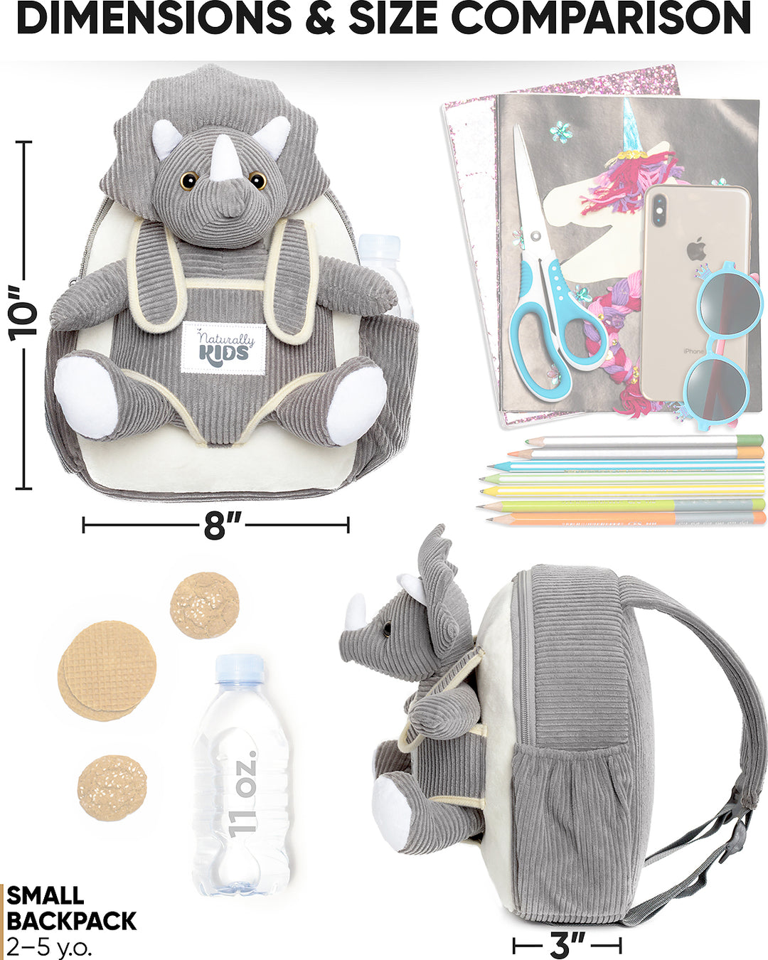 Toddler Dinosaur Backpack &amp; Grey Triceratops Stuffed Plush Toy — SMALL with pockets &amp; reflective safety patch