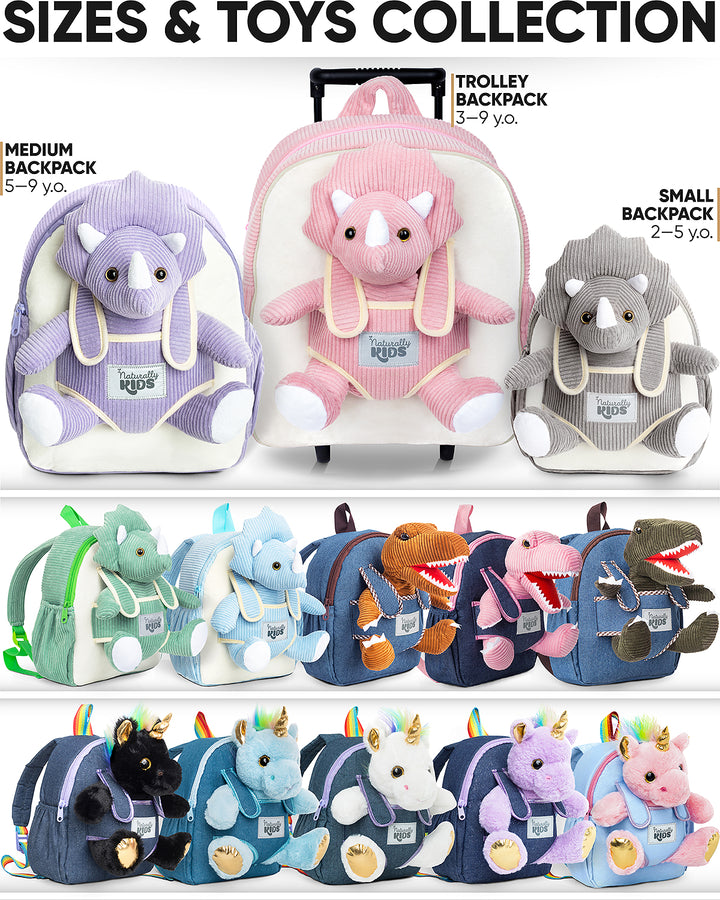 Toddler Dinosaur Backpack &amp; Grey Triceratops Stuffed Plush Toy — SMALL with pockets &amp; reflective safety patch