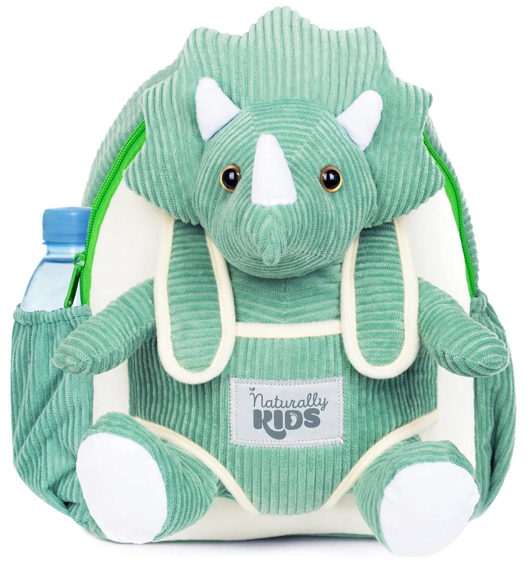 Toddler Dinosaur Backpack & Green Triceratops Stuffed Plush Toy — SMALL with pockets & reflective safety patch by Naturally KIDS®