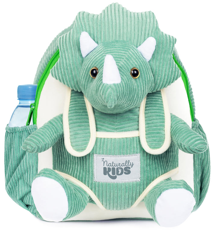 Toddler Dinosaur Backpack &amp; Green Triceratops Stuffed Plush Toy — SMALL with pockets &amp; reflective safety patch by Naturally KIDS®