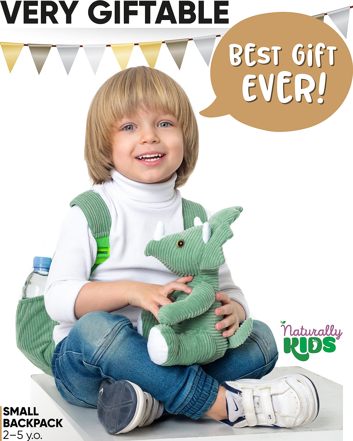 Toddler Dinosaur Backpack & Green Triceratops Stuffed Plush Toy — SMALL  with pockets & reflective safety patch