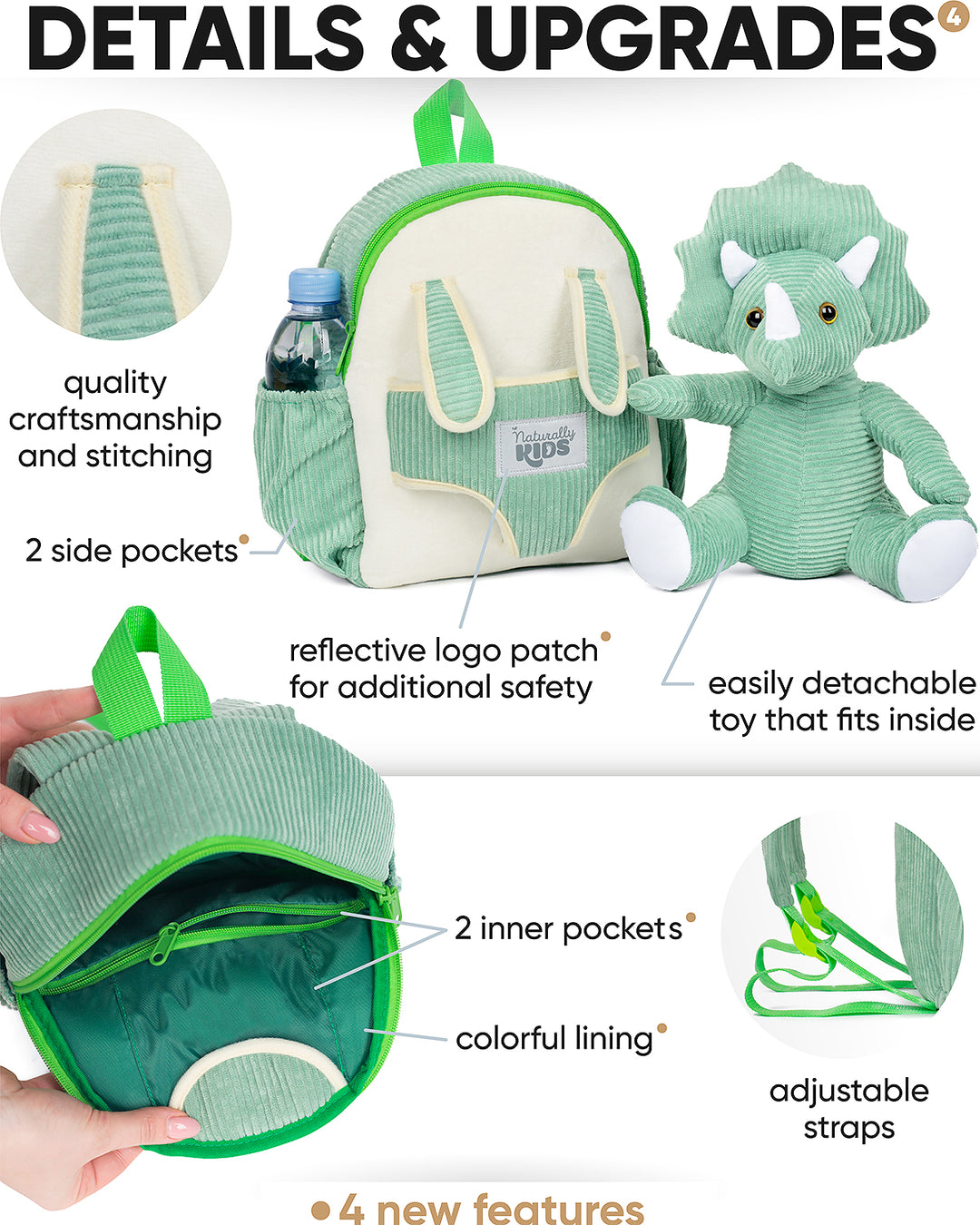 Toddler Dinosaur Backpack &amp; Green Triceratops Stuffed Plush Toy — SMALL with pockets &amp; reflective safety patch