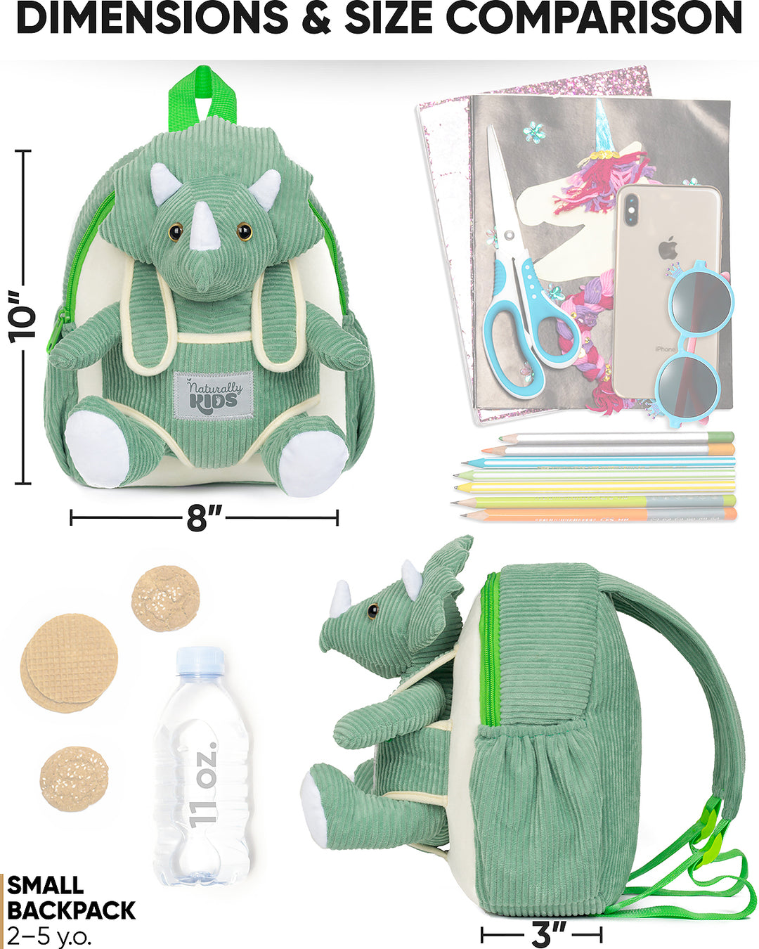 Toddler Dinosaur Backpack &amp; Green Triceratops Stuffed Plush Toy — SMALL with pockets &amp; reflective safety patch