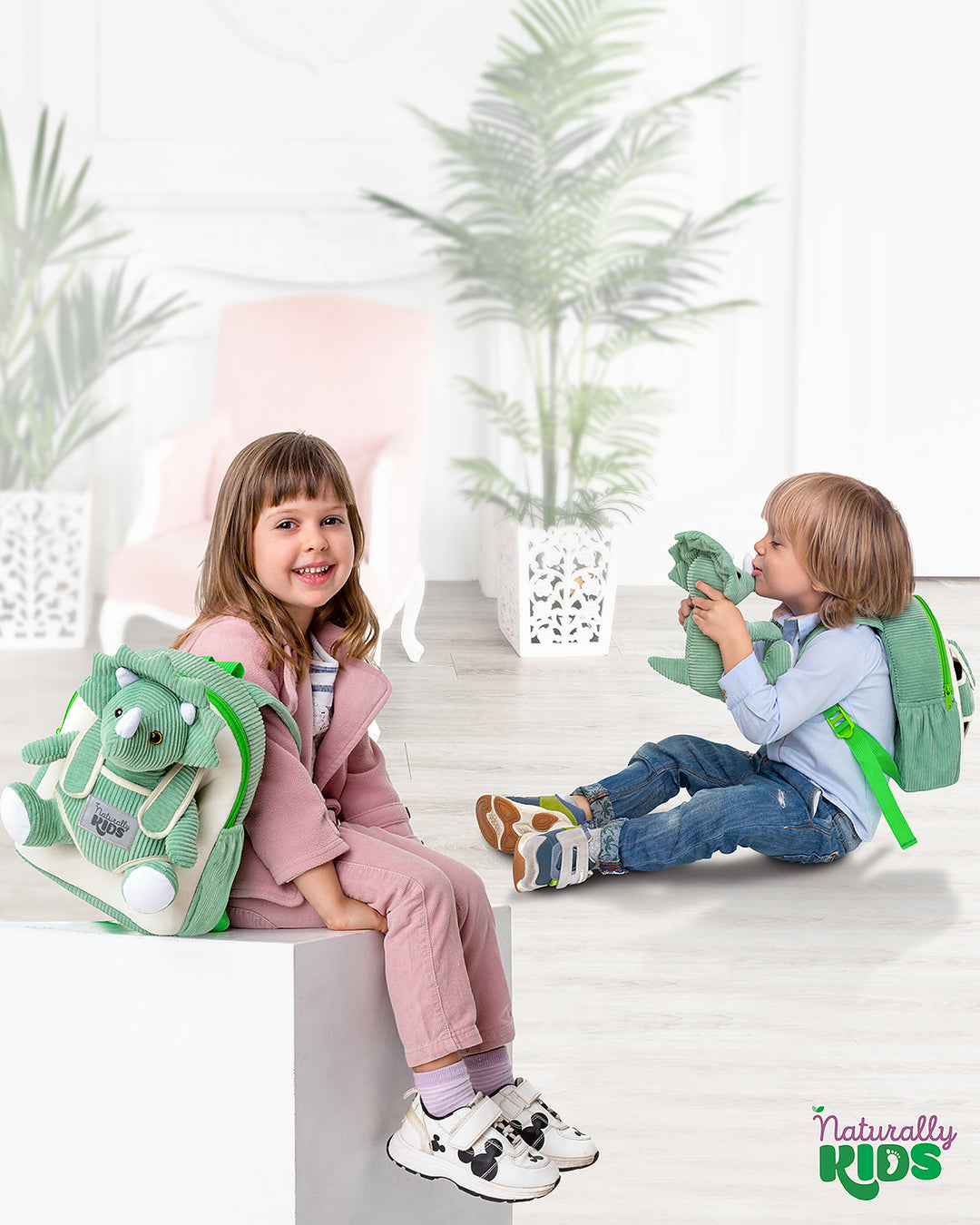 Toddler Dinosaur Backpack &amp; Green Triceratops Stuffed Plush Toy — SMALL with pockets &amp; reflective safety patch