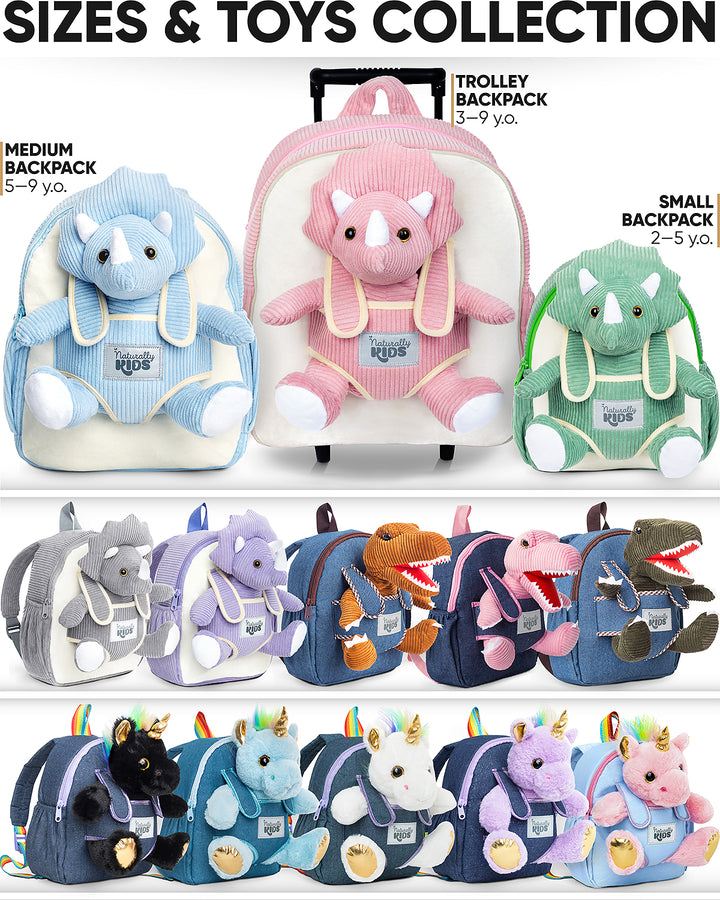 Toddler Dinosaur Backpack &amp; Green Triceratops Stuffed Plush Toy — SMALL with pockets &amp; reflective safety patch