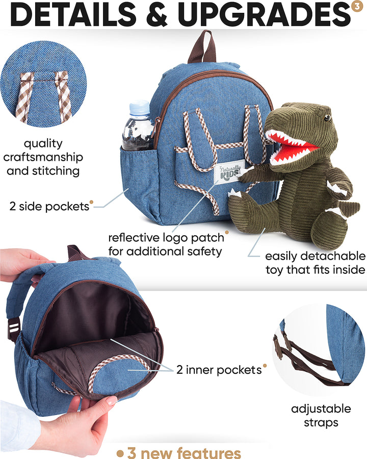 🦖 Toddler Dinosaur Backpack &amp; Green T-Rex Stuffed Plush Toy — SMALL with pockets &amp; reflective safety patch