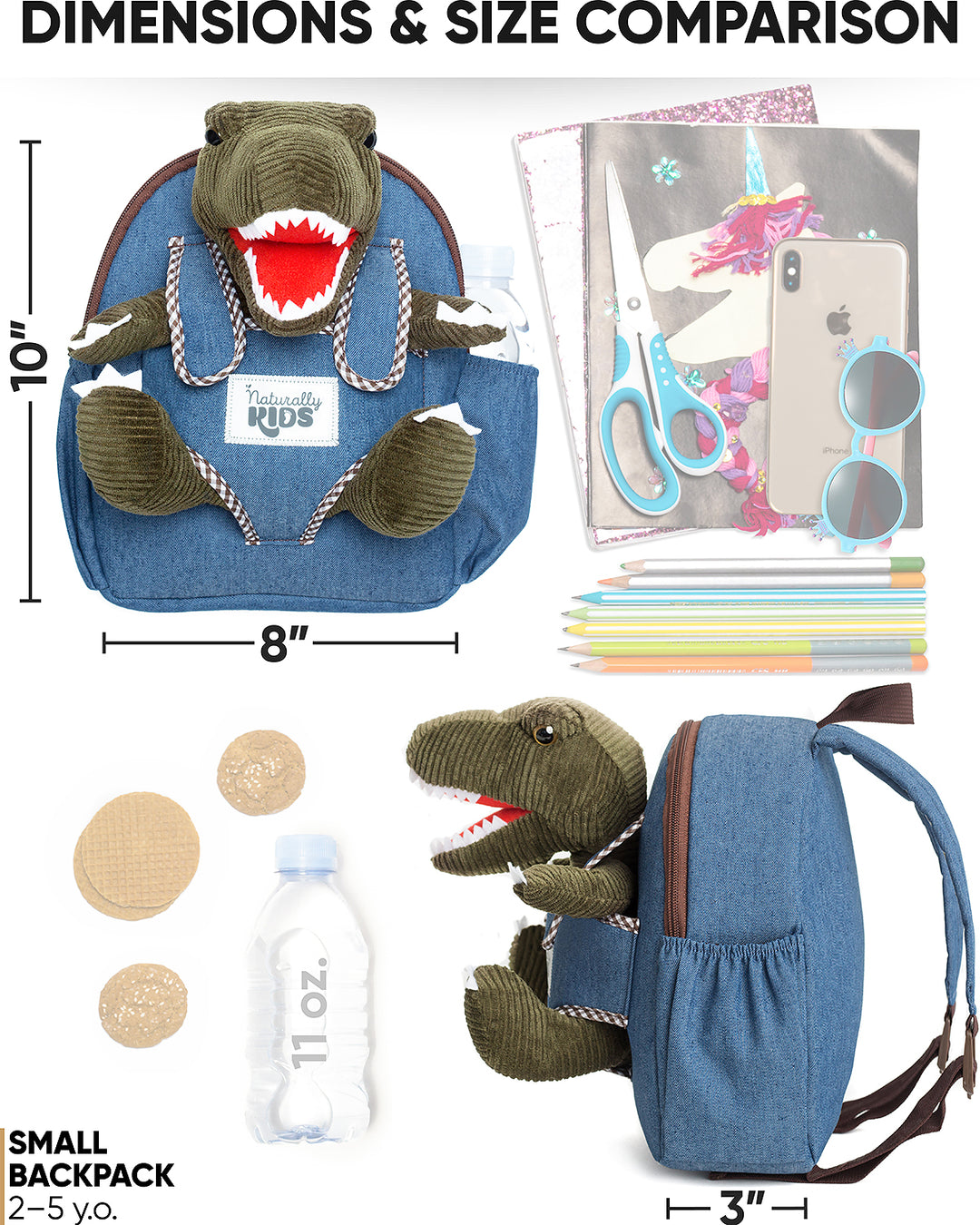 🦖 Toddler Dinosaur Backpack &amp; Green T-Rex Stuffed Plush Toy — SMALL with pockets &amp; reflective safety patch
