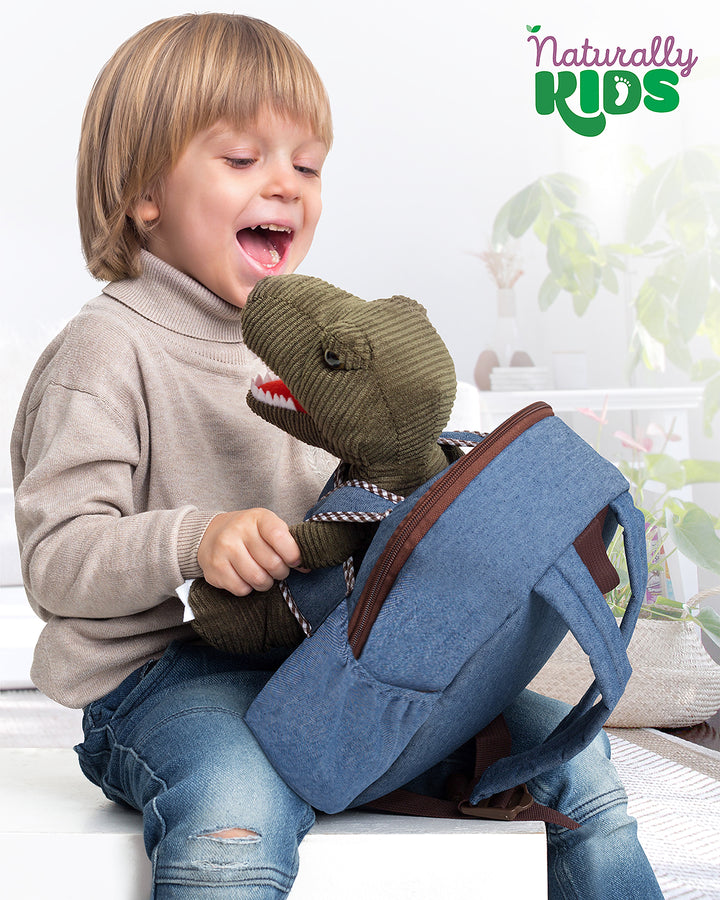 🦖 Toddler Dinosaur Backpack &amp; Green T-Rex Stuffed Plush Toy — SMALL with pockets &amp; reflective safety patch