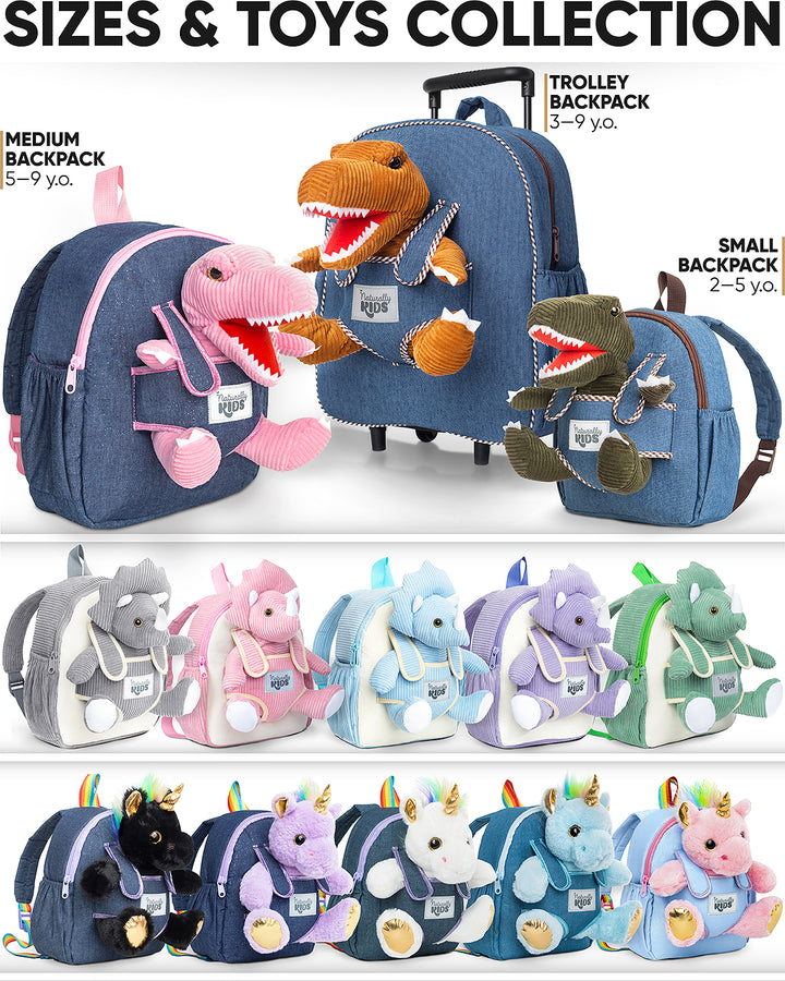🦖 Toddler Dinosaur Backpack &amp; Green T-Rex Stuffed Plush Toy — SMALL with pockets &amp; reflective safety patch