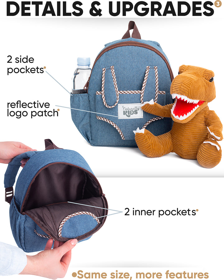 🦖 Toddler Dinosaur Backpack &amp; Brown T-Rex Stuffed Plush Toy — SMALL with pockets &amp; reflective safety patch